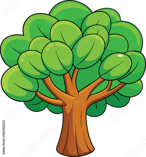 Vibrant cartoon tree with lush green leaves and brown trunk