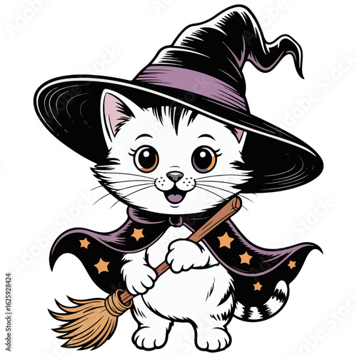 cute cat dressed up as a witch, ready for Halloween Transparent png isolated vector