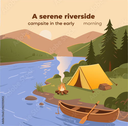 Escape to nature with this serene riverside campsite illustration for your next outdoor adventure project