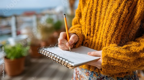 A person holding a spiral-bound notebook and writing.