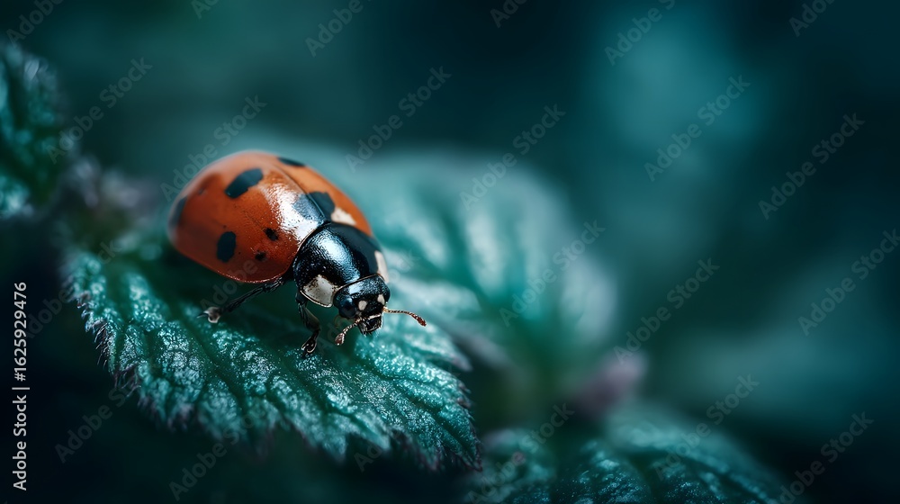 Fototapeta premium Ladybug crawling on a vibrant green leaf with intricate details and lighting