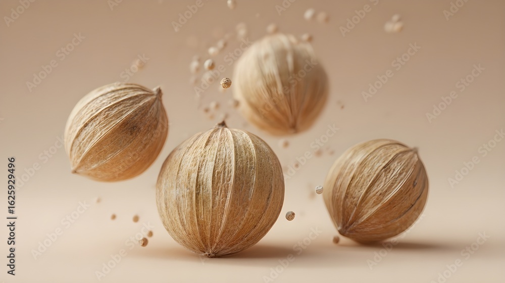 Fototapeta premium Floating coriander seeds on soft beige background - generative AI