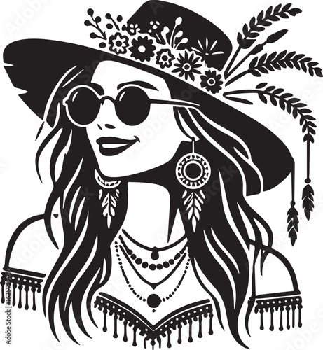 Vector art of beautiful boho woman with hat and sunglasses isolated on white background
