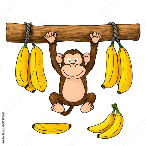 Funny monkey hanging from wooden branch with bananas, showcasing playful expression