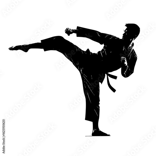 Vector silhouette of a martial artist executing a side kick with one leg raised horizontally
