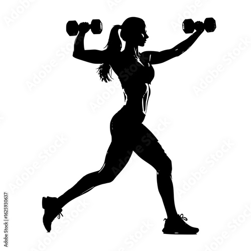 Vector silhouette of a person performing a forward lunge while holding dumbbells on each side