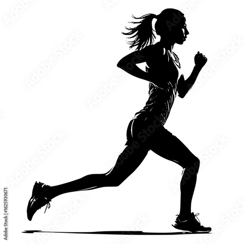 Vector silhouette of a female runner leaning forward at the start of a sprint on flat ground