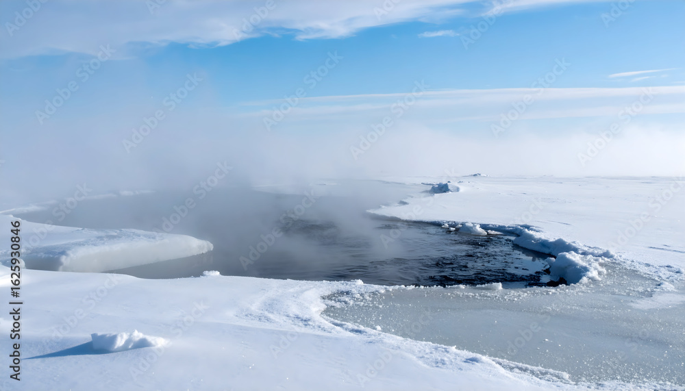 Fototapeta premium Mystical Arctic landscape with icy waters and foggy atmosphere under a bright blue sky