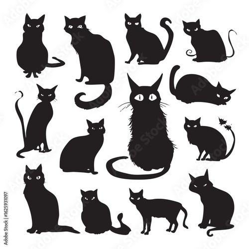 Vector silhouette set of Halloween Black Cat isolated in White background, silhouette Set, Halloween theme, Vector illustration