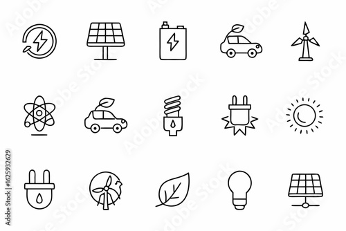 A minimal line-art collection focused on renewable and electrical energy concepts — suitable for green tech, energy campaigns, and presentations.
