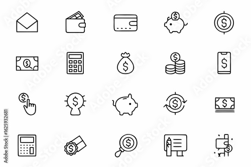 A refined one-line art set depicting budgeting tools and financial planning icons — perfect for printable planners and finance platforms.