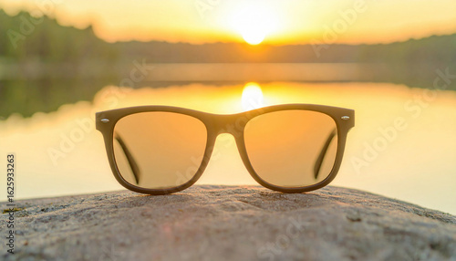 Wallpaper Mural Pair of Sunglasses Resting on a Rock by a Lake with Reflection of Beautiful Mountain Landscape – Outdoor Summer Vibes, Nature Reflection in Lenses, Relaxing Scenic View Torontodigital.ca