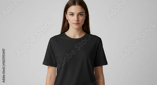 A young woman with long brown hair models a plain black t-shirt, looking directly at the camera in a studio setting.