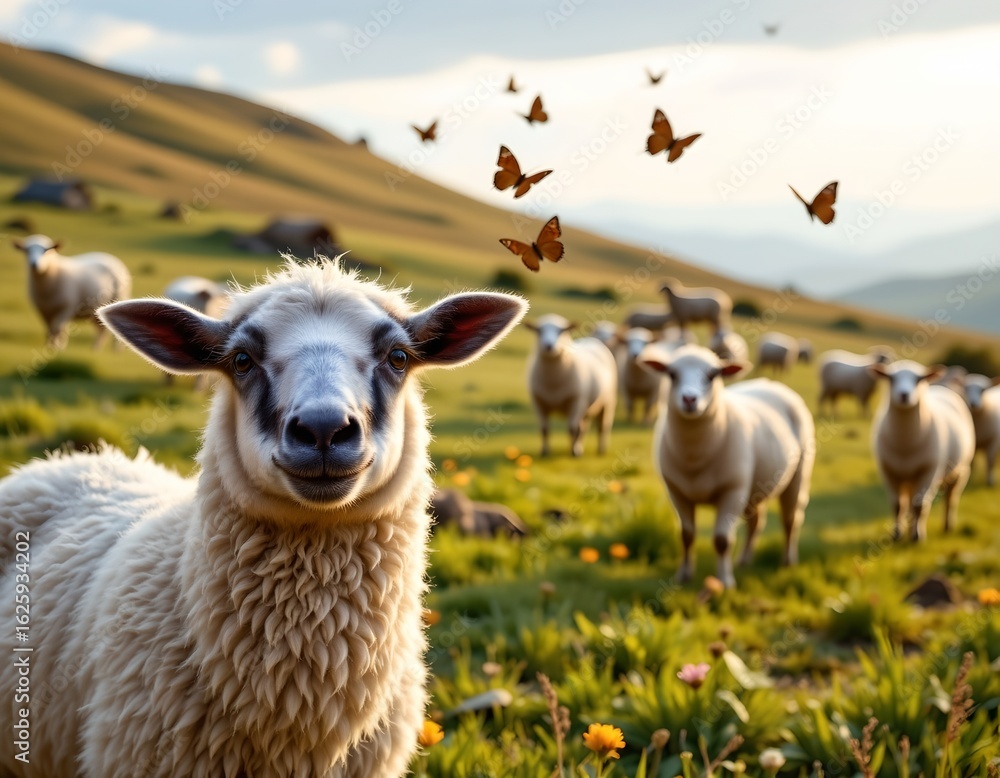 Fototapeta premium Serene Pastoral Scene with Alert Sheep and Butterflies