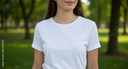 Close-up of a young woman wearing a plain white t-shirt standing outdoors in a green park.