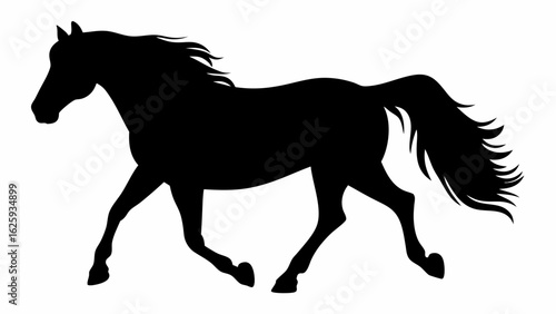 Silhouette of a galloping horse with flowing mane and tail against a white background in a simple design style