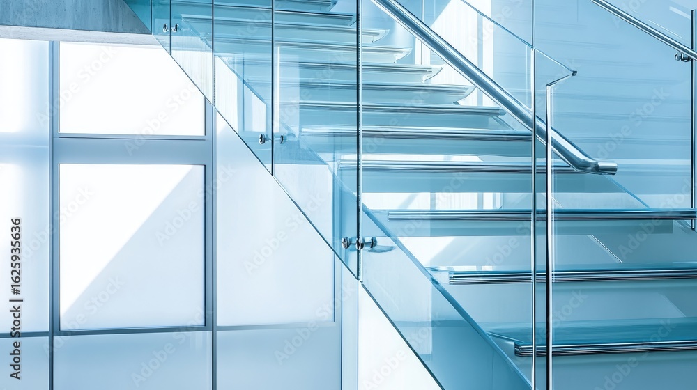 Obraz premium High-resolution image of clear glass used in stair railings of a residential building, combining safety and modern aesthetics