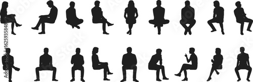 Silhouettes of men and women sitting in various postures, casual seated figures, isolated vector shapes, body language, black silhouettes