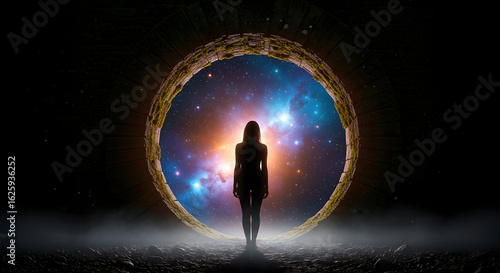 Silhouette gazing through cosmic portal, a spiritual journey into the galaxy's embrace and