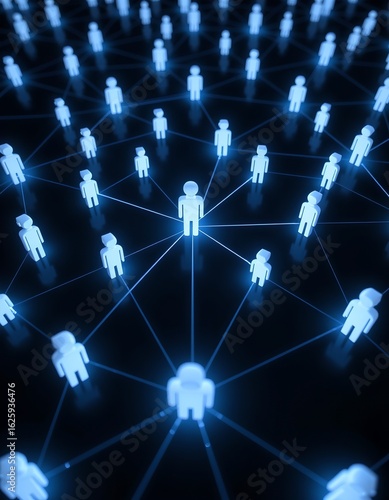 Top-down view of multiple connected human icons forming a radial digital network, emphasizing distributed teams, communication, and collaboration in digital ecosystems.