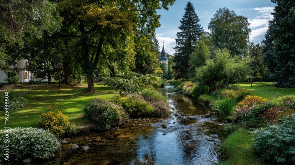 Obraz premium Park stream with lush greenery
