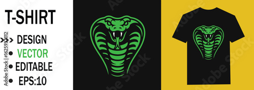 A vector t shirt design featuring a green cobra snake head on a black shirt against a yellow background