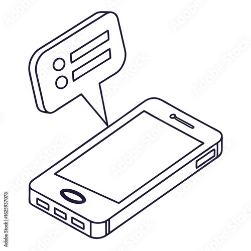 Isometric outline drawing of a smartphone receiving a text message notification