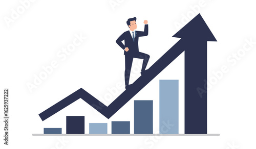 Illustration Vector of Businessman on Upward Graph Arrow with Column Chart Elements in Modern Style