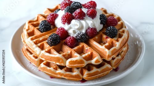 A stack of waffles topped with berries and whipped cream, side angle shot, in a bright kitchen