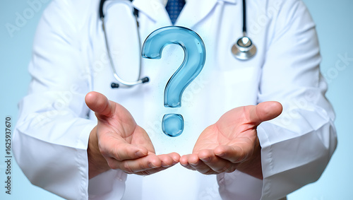 Doctor holding blue question mark medical healthcare