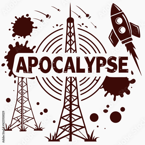 Apocalypse themed illustration with rocket towers and falling debris