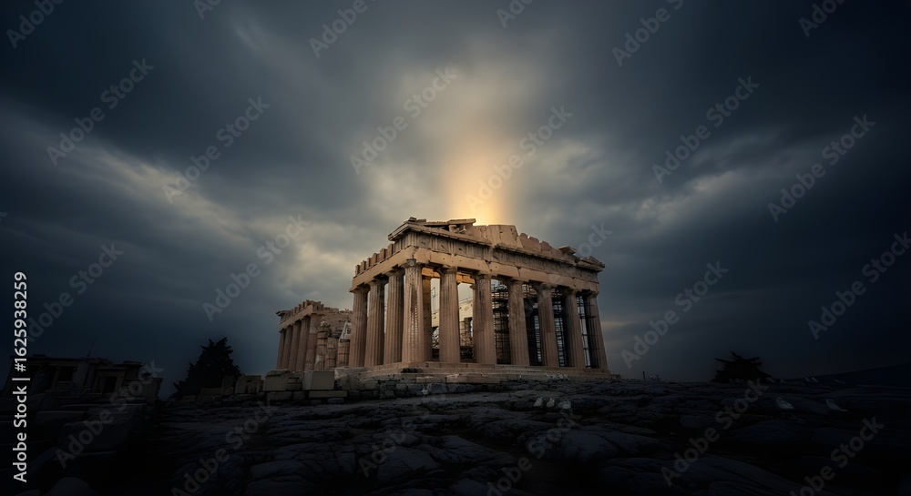 Fototapeta premium The Parthenon stands majestically under a dramatic sky with a burst of light, showcasing its ancient architecture.