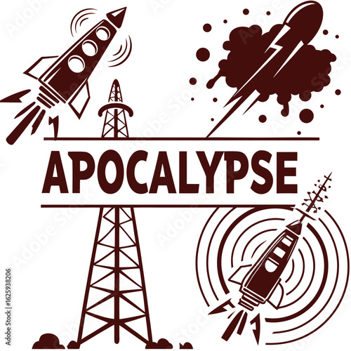 Apocalypse concept with rockets and radio towers symbolizing destruction and war