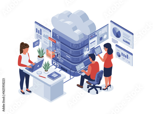 Isometric Vector Illustration of Server Cloud with Analysts for Data Management in Modern Style