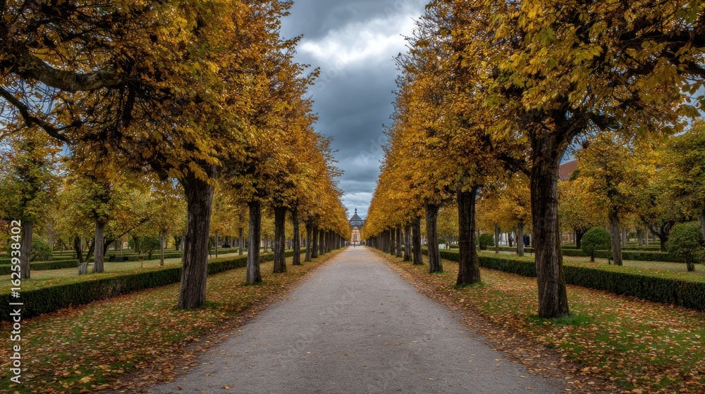 Naklejka premium Autumn path through park with yellow trees