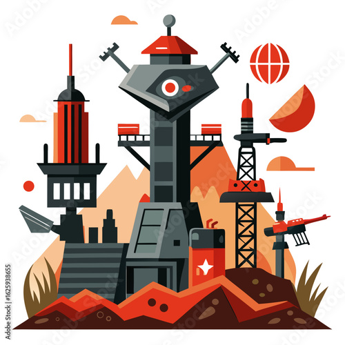 Futuristic martian colony with industrial structures and a red planet landscape