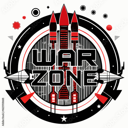 Futuristic war zone emblem with rockets and spaceships