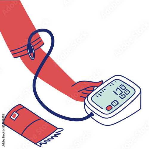 Person checking blood pressure with a digital monitor isolated on transparent background