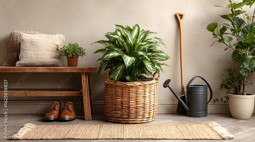 Fototapeta premium Rustic entryway scene with plants and decorative items.