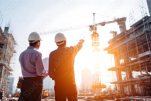 Two workers in hard hats inspecting construction site during sunset.