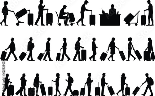Silhouettes of airport travelers, people walking with luggage, baggage trolley, check-in counter, traveling passengers, vacation concept, tourism, journey scene