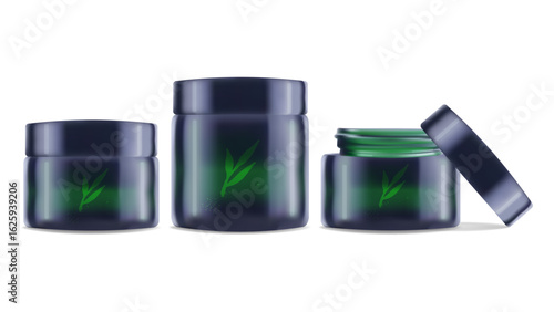 Realistic jar and tube for cream shampoo. Color green. For advertising presentation and website. Layout poster packaging concept beauty blog online store. Vector illustration.