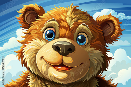 Soft and cuddly teddy bear toy on a bright sky background. Ideal for childhood, comfort, love, playtime themes in educational, commercial, or nursery designs.
