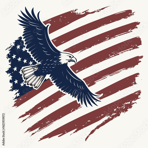 Majestic bald eagle flying across a distressed american flag background