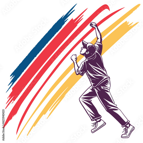 Dynamic illustration of a cricket bowler in action with colorful brush strokes