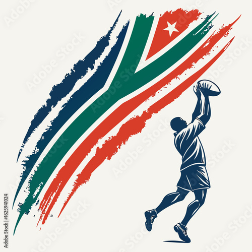 Rugby player leaping to catch ball with south african flag brush strokes