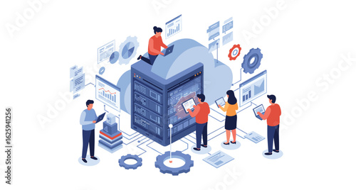 Isometric Vector Illustration of Cloud Computing Server Rack with Data Analysis and Technical Team Working in Modern Style with Blue and Orange Accents