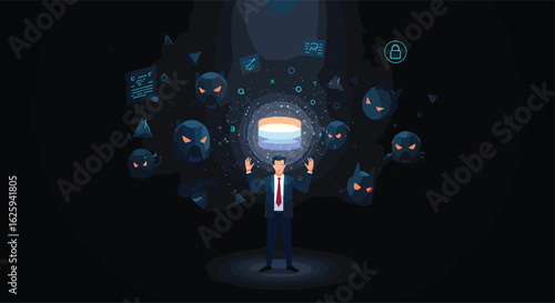 Vector Illustration of Data Protection with Businessman Defending from Threat Symbols in Dark Blue Tones Modern Design