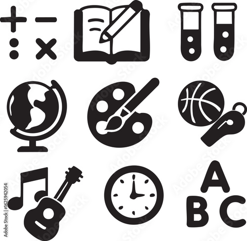 Black Silhouette School Subject Icons Collection Math Science Art Music Sports Geography Literacy Time and Literature.