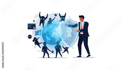Modern Vector Illustration of Cybersecurity with Man Shielding World from Attackers in Blue Tones